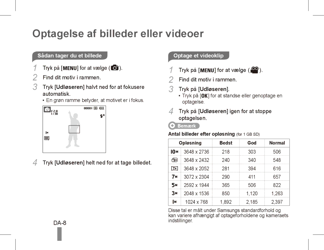 Samsung EC-ES20ZZBABE2, EC-ES20ZZBASFR, EC-ES20ZZBABE1, EC-ES20ZZBABFR manual Optagelse af billeder eller videoer, DA-8 