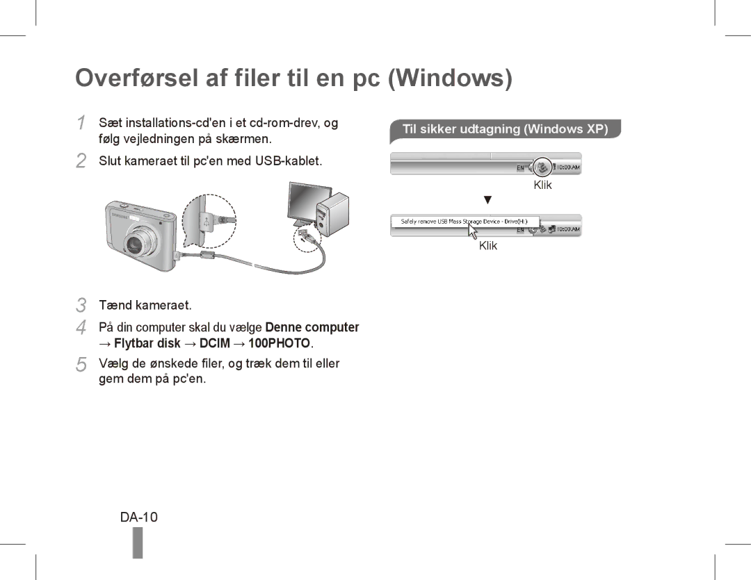 Samsung EC-ES20ZZBAPE2, EC-ES20ZZBASFR manual Overførsel af filer til en pc Windows, DA-10, Til sikker udtagning Windows XP 