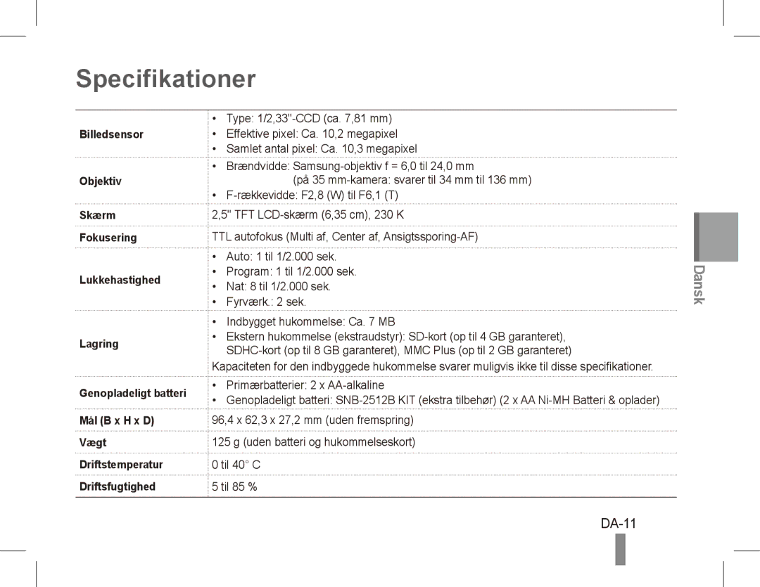 Samsung EC-ES20ZZBAWE2, EC-ES20ZZBASFR, EC-ES20ZZBABE1, EC-ES20ZZBABFR, EC-ES20ZZBAWIT, EC-ES20ZZBAPIT Specifikationer, DA-11 