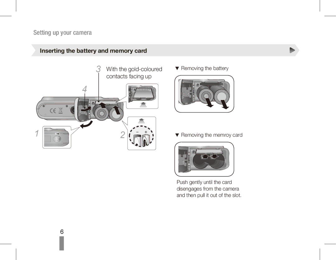 Samsung EC-ES20ZZBABIT, EC-ES20ZZBASFR Inserting the battery and memory card, With the gold-coloured, Contacts facing up 