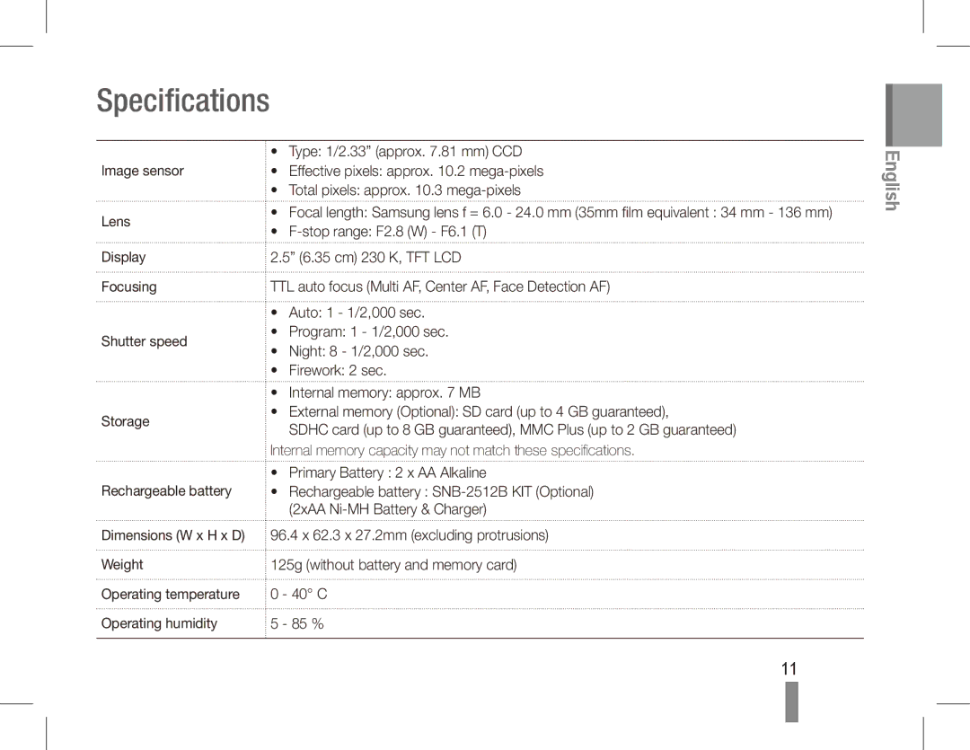 Samsung EC-ES20ZZBAPE3, EC-ES20ZZBASFR, EC-ES20ZZBABE1, EC-ES20ZZBABFR, EC-ES20ZZBAWIT, EC-ES20ZZBAPIT manual Specifications 