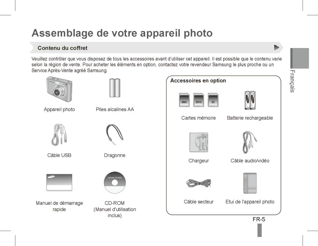 Samsung EC-ES20ZZBABE2, EC-ES20ZZBASFR Assemblage de votre appareil photo, FR-5, Contenu du coffret, Accessoires en option 