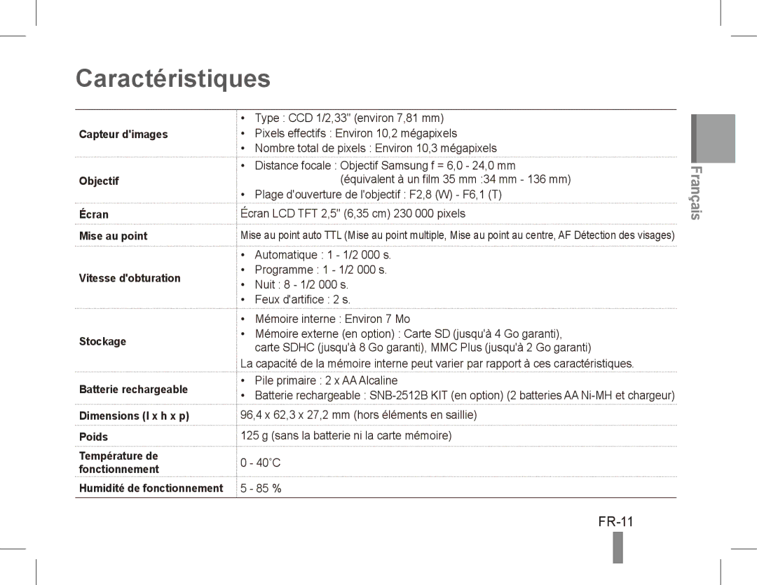 Samsung EC-ES20ZZBASRU, EC-ES20ZZBASFR, EC-ES20ZZBABE1, EC-ES20ZZBABFR, EC-ES20ZZBAWIT, EC-ES20ZZBAPIT Caractéristiques, FR-11 