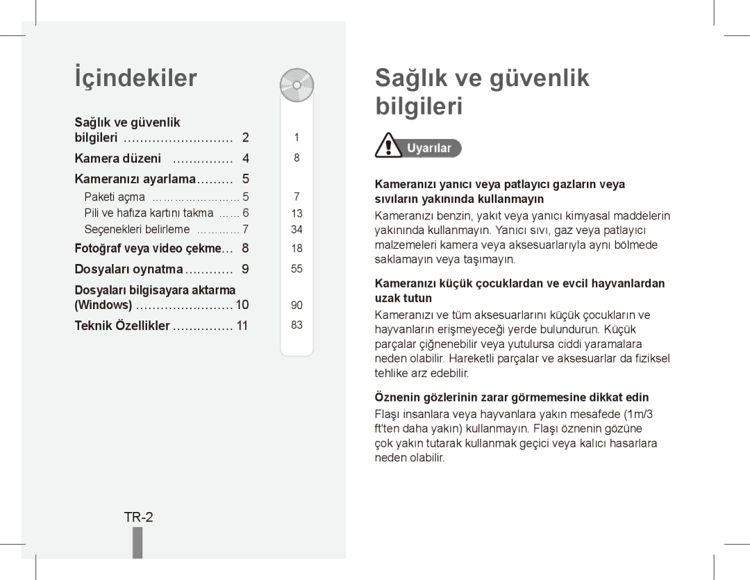 Samsung EC-ES20ZZBAPRU, EC-ES20ZZBASFR manual İçindekiler, Sağlık ve güvenlik bilgileri, TR-2, Dosyaları bilgisayara aktarma 