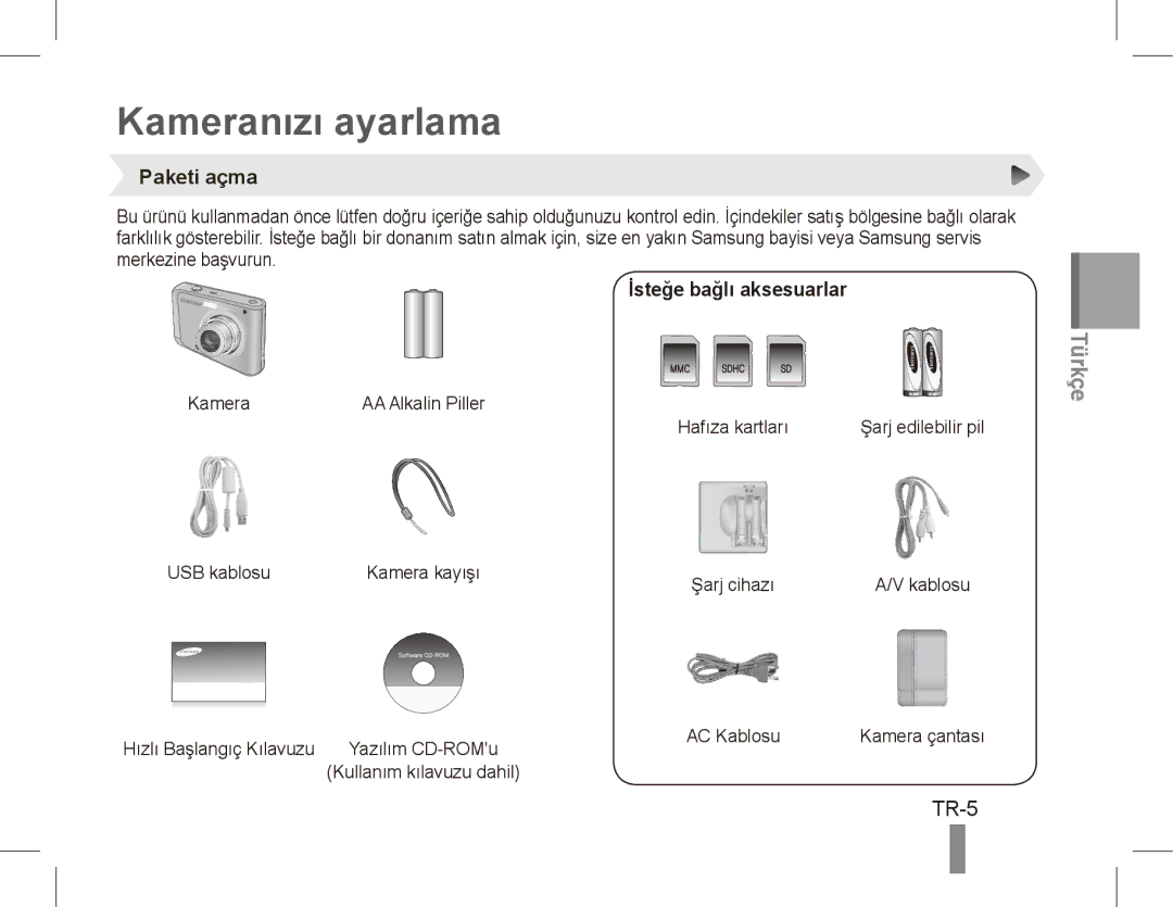 Samsung EC-ES20ZZBABFR, EC-ES20ZZBASFR, EC-ES20ZZBABE1 Kameranızı ayarlama, TR-5, Paketi açma, İsteğe bağlı aksesuarlar 