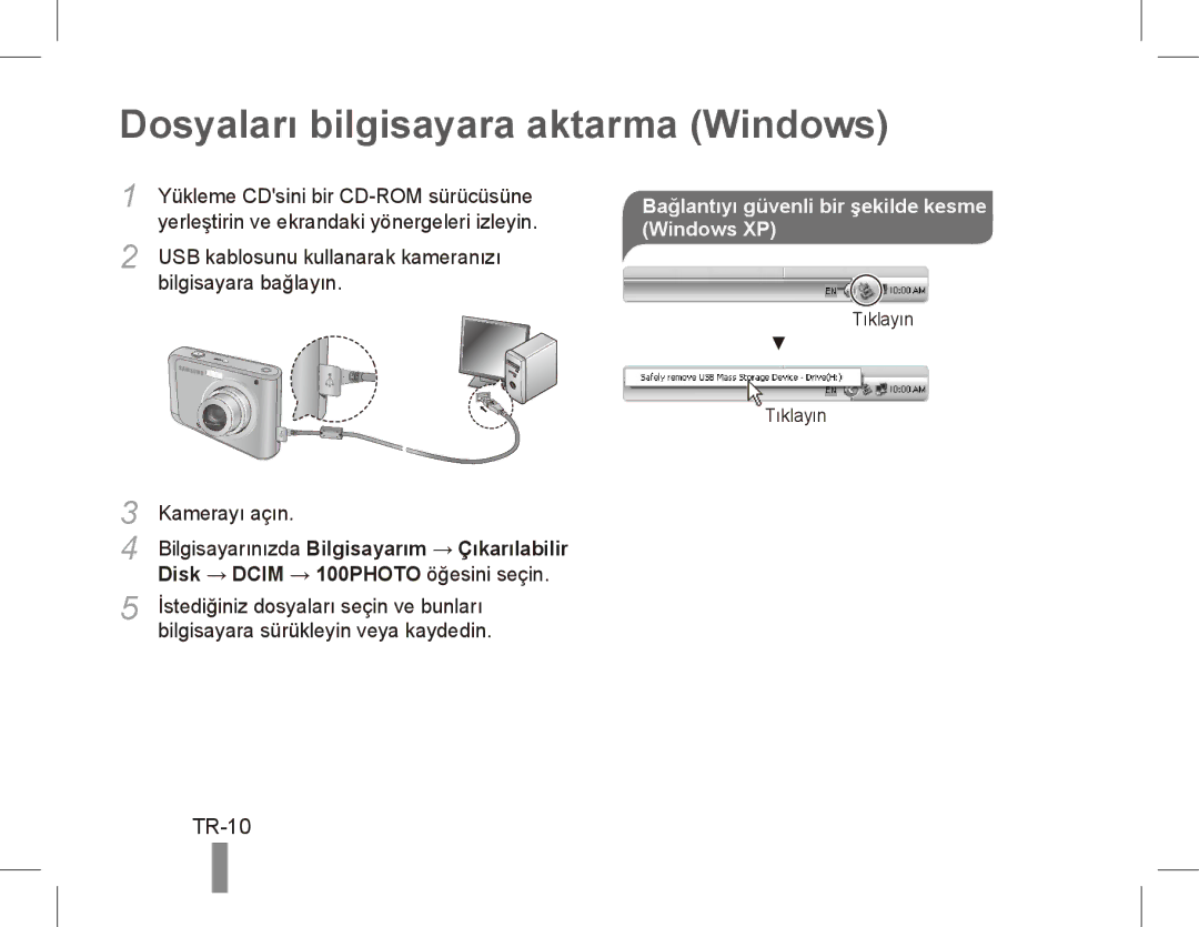 Samsung EC-ES20ZZBABSA manual Dosyaları bilgisayara aktarma Windows, TR-10, Bağlantıyı güvenli bir şekilde kesme Windows XP 