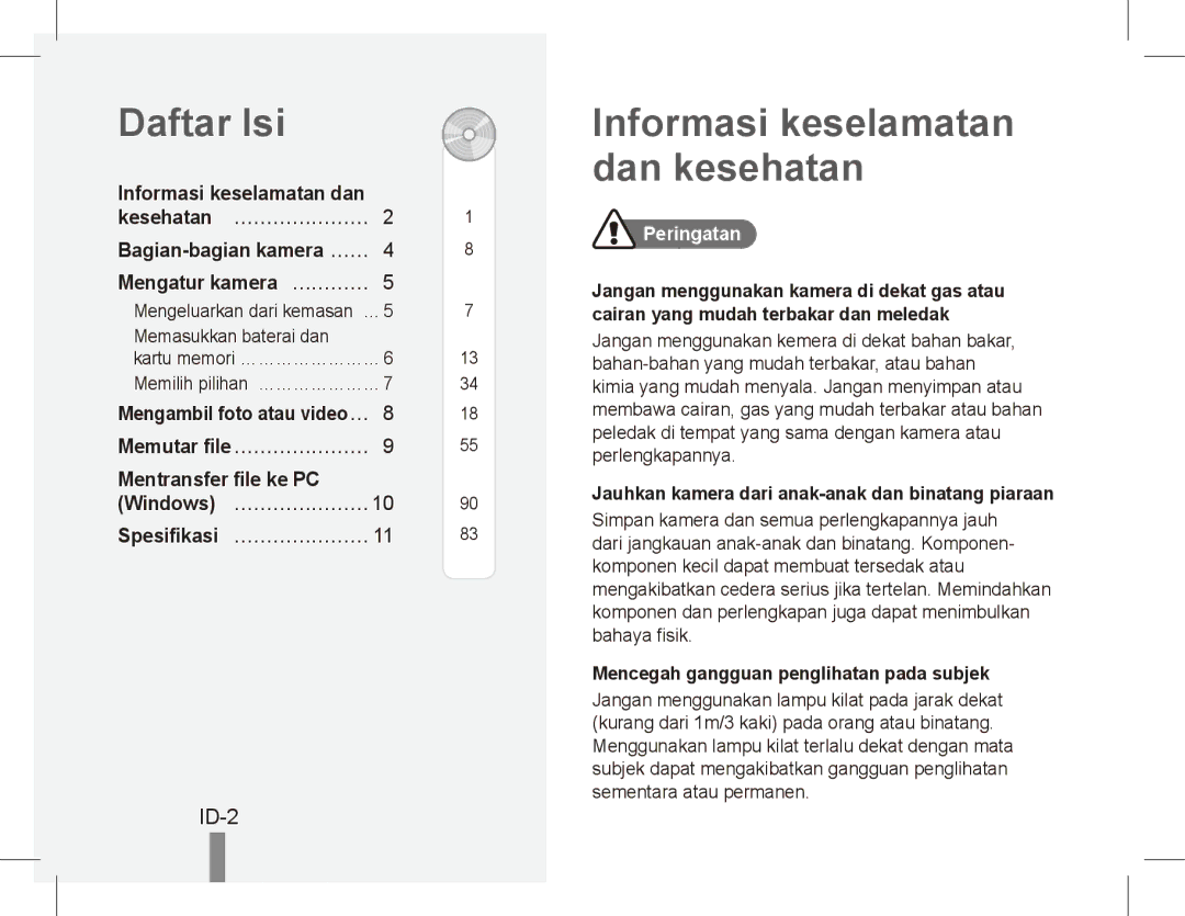 Samsung EC-ES20ZZBAWRU, EC-ES20ZZBASFR manual Daftar Isi, Informasi keselamatan dan kesehatan, ID-2, Mentransfer file ke PC 