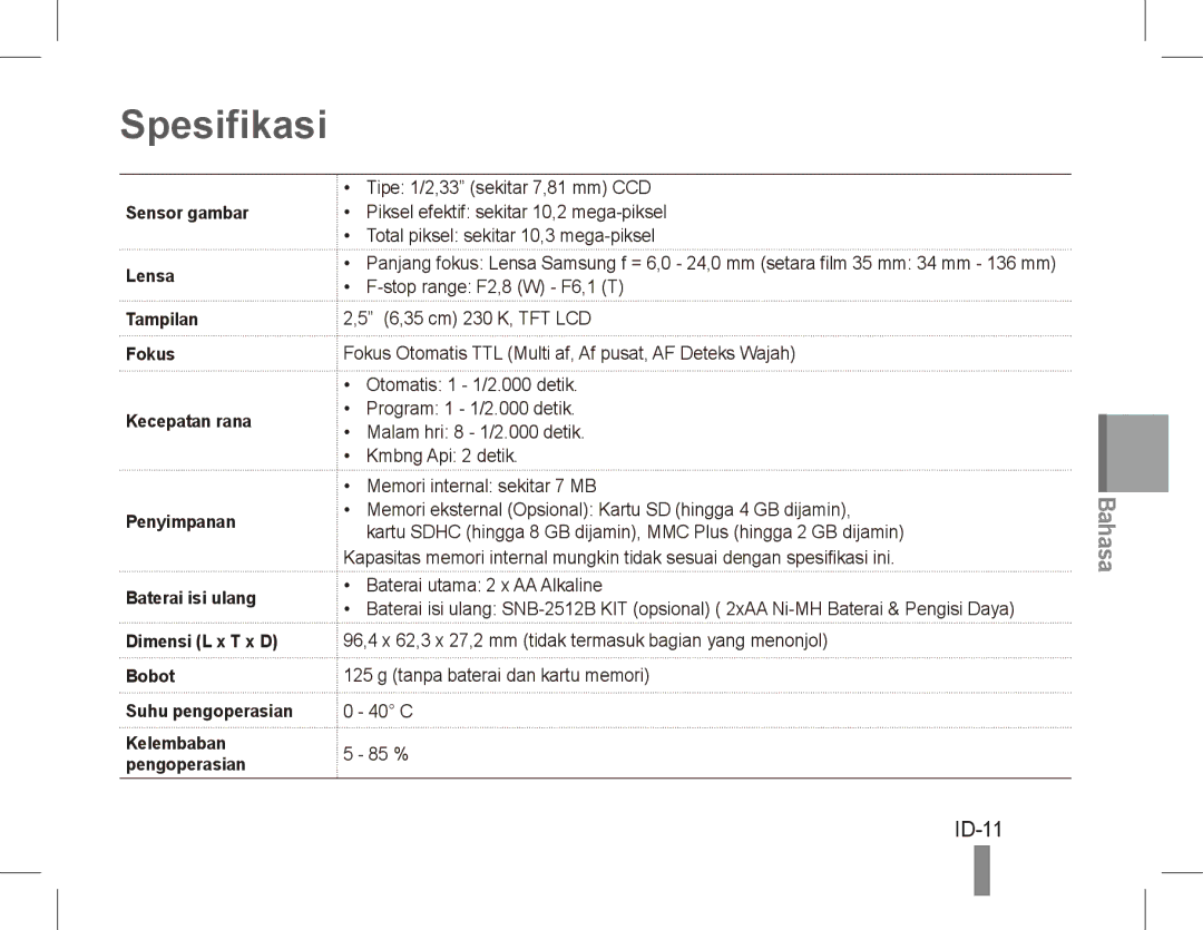 Samsung EC-ES20ZZBASIT, EC-ES20ZZBASFR, EC-ES20ZZBABE1, EC-ES20ZZBABFR, EC-ES20ZZBAWIT, EC-ES20ZZBAPIT manual Spesifikasi, ID-11 