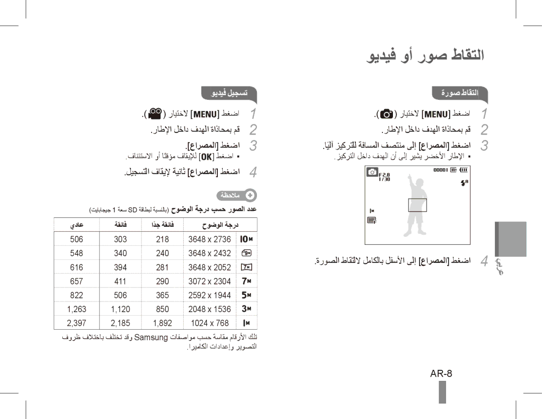 Samsung EC-ES20ZZBABE3, EC-ES20ZZBASFR, EC-ES20ZZBABE1, EC-ES20ZZBABFR, EC-ES20ZZBAWIT manual ويديف وأ روص طاقتلا, AR-8 