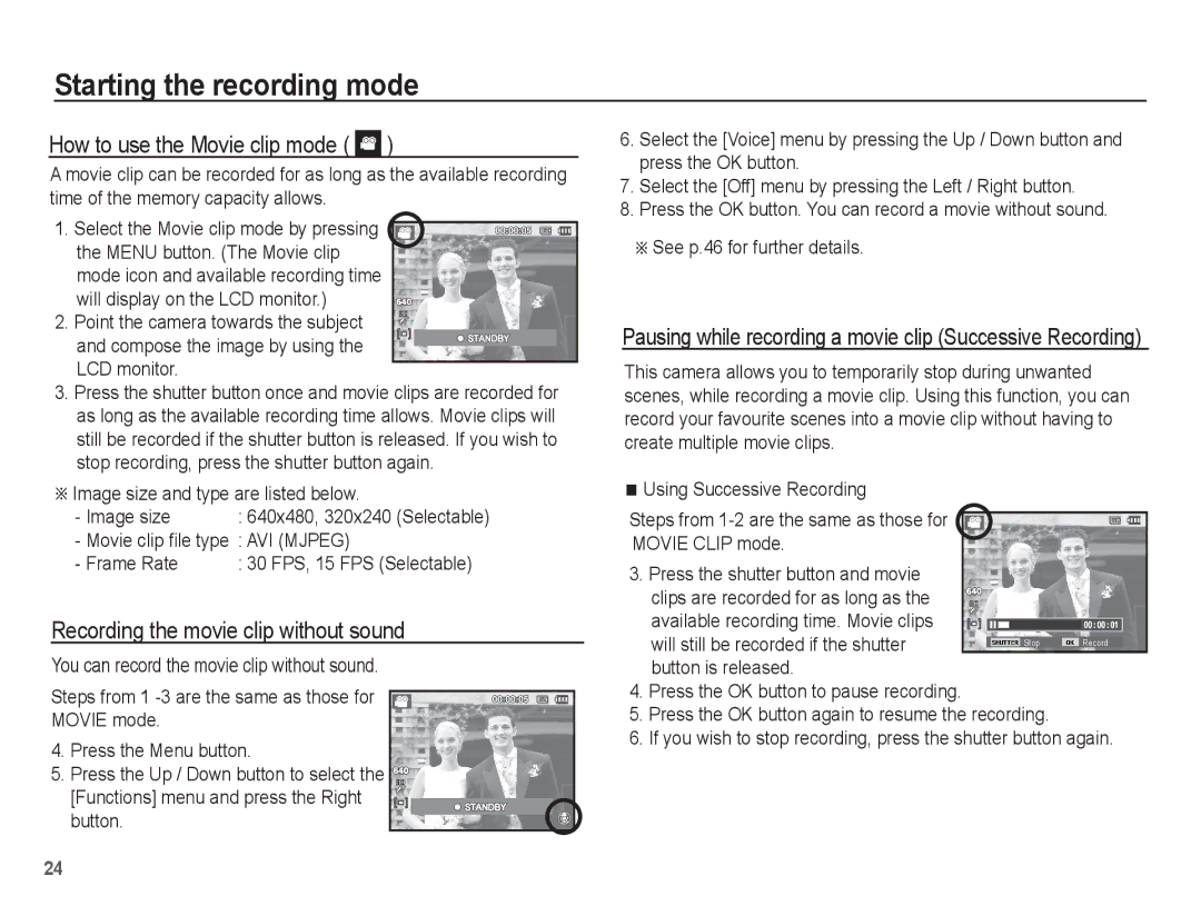 Samsung EC-ES20ZZBABFR, EC-ES20ZZBASFR How to use the Movie clip mode, Recording the movie clip without sound, Frame Rate 