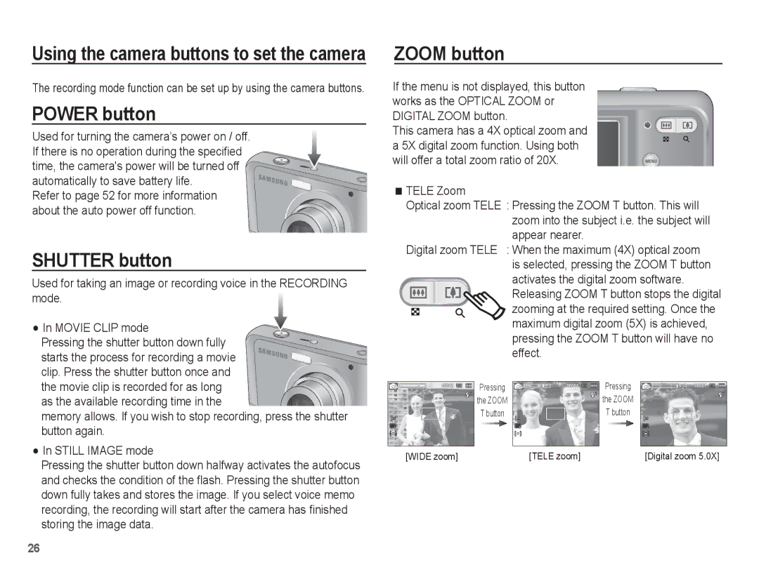 Samsung EC-ES20ZZBAPIT, EC-ES20ZZBASFR, EC-ES20ZZBABE1, EC-ES20ZZBABFR manual Power button, Shutter button, Zoom button 