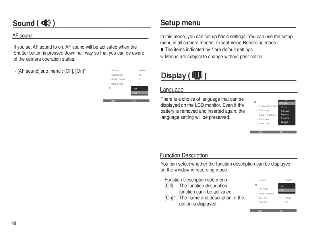 Samsung EC-ES20ZZBAWIT, EC-ES20ZZBASFR, EC-ES20ZZBABE1, EC-ES20ZZBABFR Setup menu, Display, Language, Function Description 