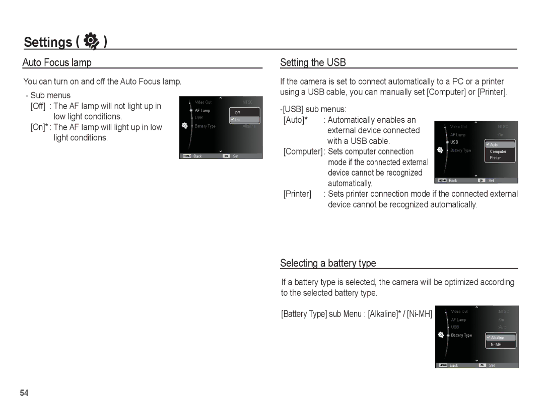 Samsung EC-ES20ZZBASSA, EC-ES20ZZBASFR, EC-ES20ZZBABE1 manual Auto Focus lamp, Setting the USB, Selecting a battery type 