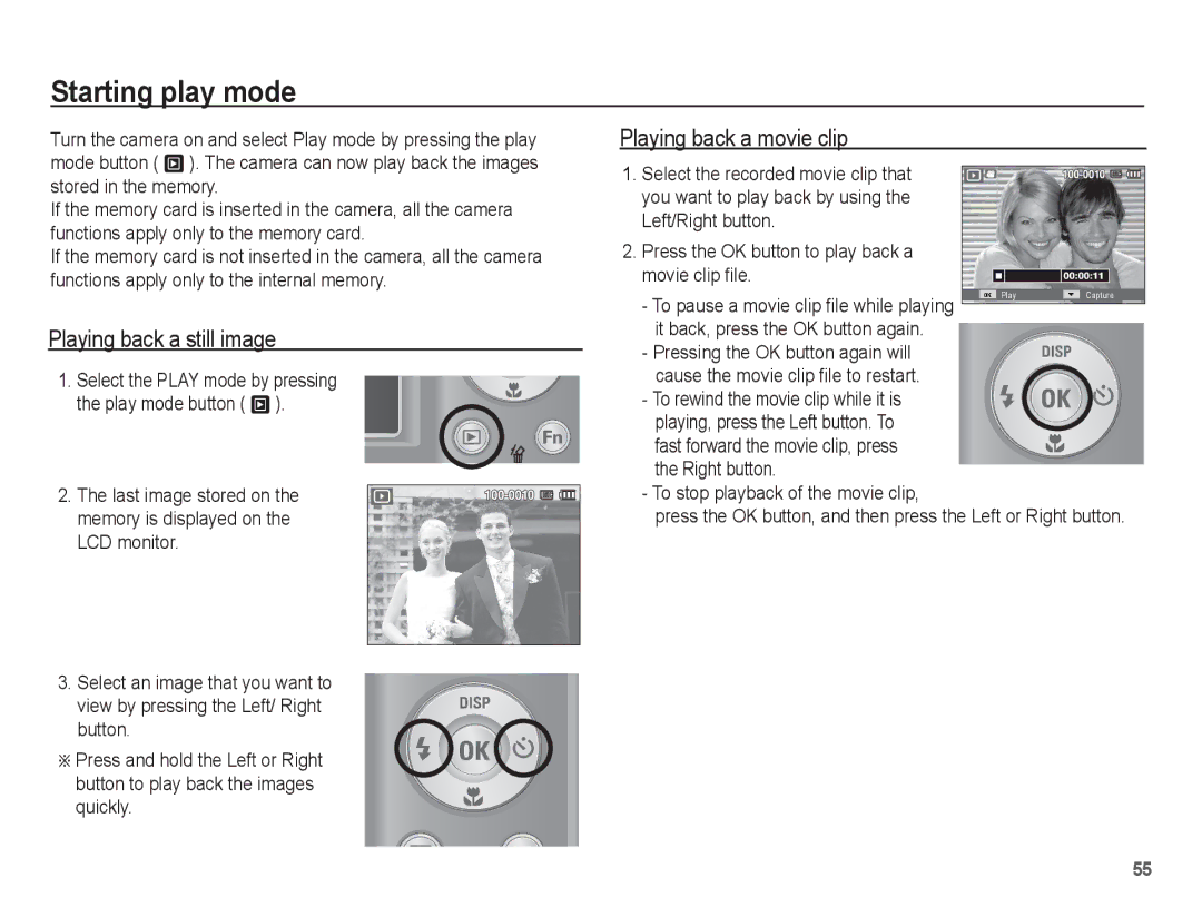 Samsung EC-ES20ZZDASME, EC-ES20ZZBASFR manual Starting play mode, Playing back a still image, Playing back a movie clip 