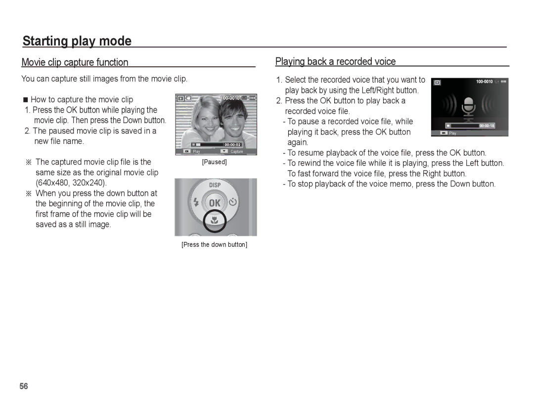 Samsung EC-ES20ZZBAPE3, EC-ES20ZZBASFR, EC-ES20ZZBABE1 manual Movie clip capture function, Playing back a recorded voice 