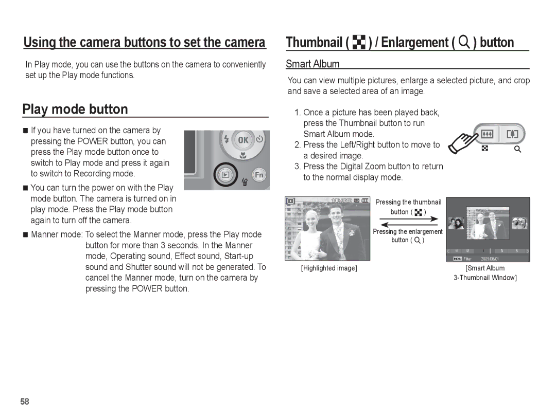 Samsung EC-ES20ZZBABE3, EC-ES20ZZBASFR, EC-ES20ZZBABE1 Play mode button, Thumbnail º / Enlargement í button, Smart Album 