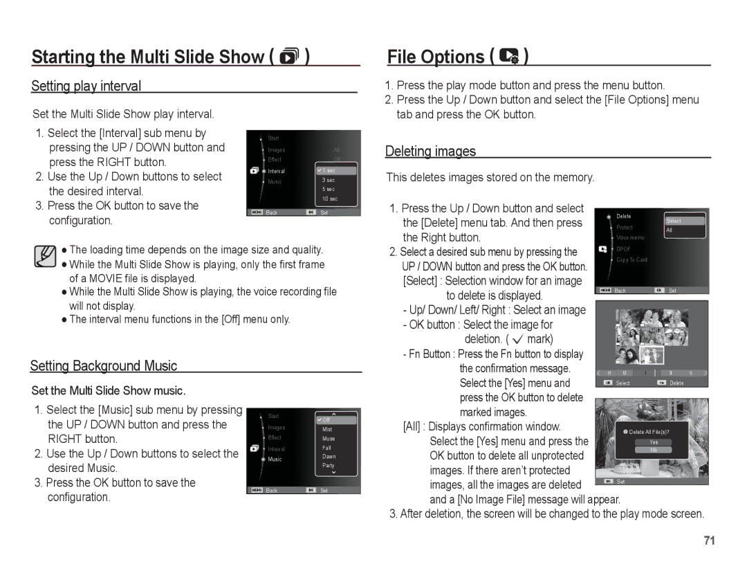 Samsung EC-ES20ZZBAWIT, EC-ES20ZZBASFR manual File Options, Setting play interval, Deleting images, Setting Background Music 