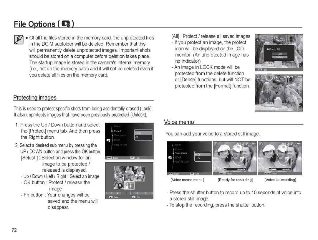 Samsung EC-ES20ZZBAPIT, EC-ES20ZZBASFR, EC-ES20ZZBABE1, EC-ES20ZZBABFR, EC-ES20ZZBAWIT manual Protecting images, Voice memo 