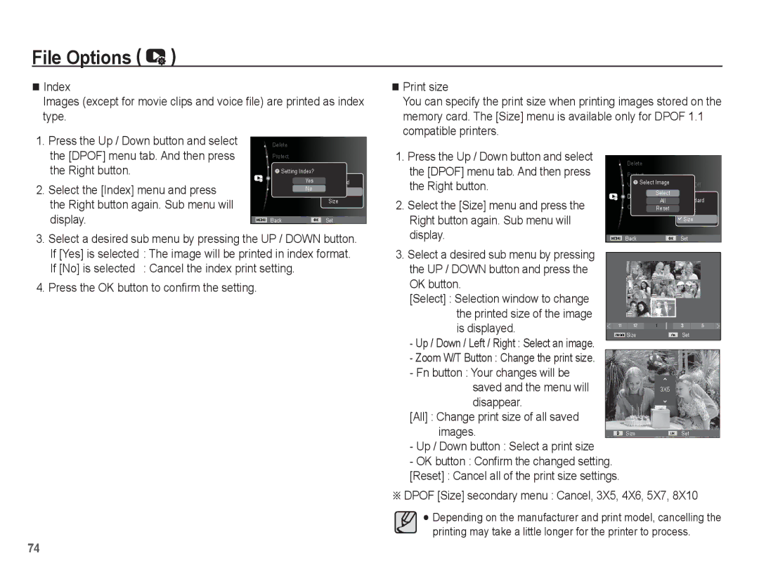 Samsung EC-ES20ZZBABIT Press the OK button to confirm the setting Display, Dpof Size secondary menu Cancel, 3X5, 4X6, 5X7 