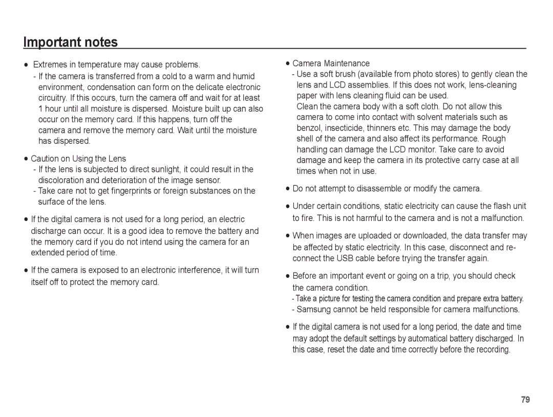 Samsung EC-ES20ZZBAPE3 Extremes in temperature may cause problems, Do not attempt to disassemble or modify the camera 