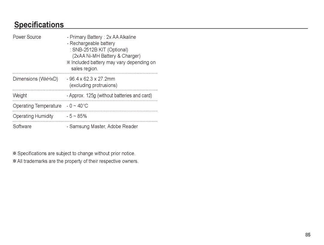 Samsung EC-ES20ZZBAPE2, EC-ES20ZZBASFR, EC-ES20ZZBABE1, EC-ES20ZZBABFR manual Sales region, ~ 40C, Operating Temperature 