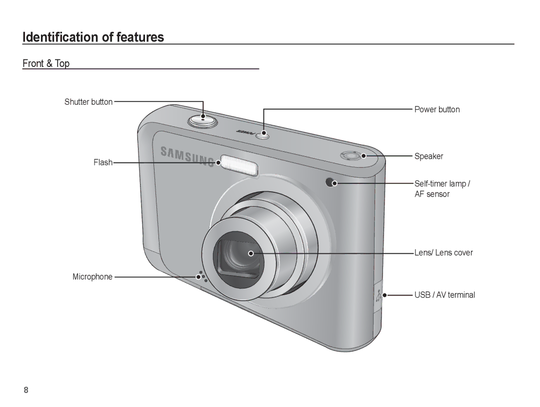 Samsung EC-ES20ZZBASSA, EC-ES20ZZBASFR, EC-ES20ZZBABE1, EC-ES20ZZBABFR, EC-ES20ZZBAWIT Identiﬁcation of features, Front & Top 