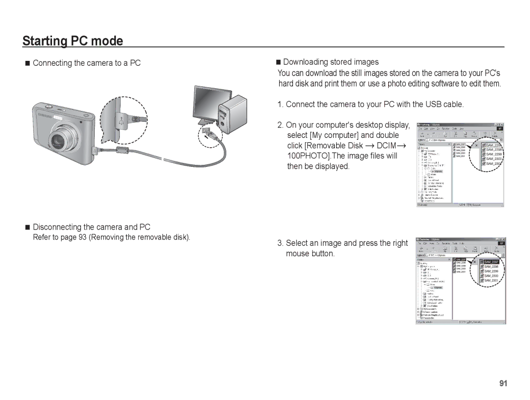 Samsung EC-ES20ZZBASFR, EC-ES20ZZBABE1 manual Downloading stored images, Connect the camera to your PC with the USB cable 