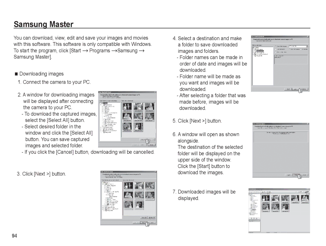 Samsung EC-ES20ZZBAWIT, EC-ES20ZZBASFR manual Samsung Master, Click Next button, Downloaded images will be displayed 