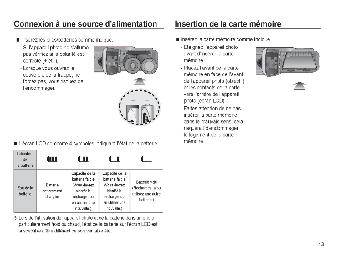 Samsung EC-ES20ZZBABFR, EC-ES20ZZBASFR, EC-ES20ZZBABE1 Insertion de la carte mémoire, Connexion à une source d’alimentation 