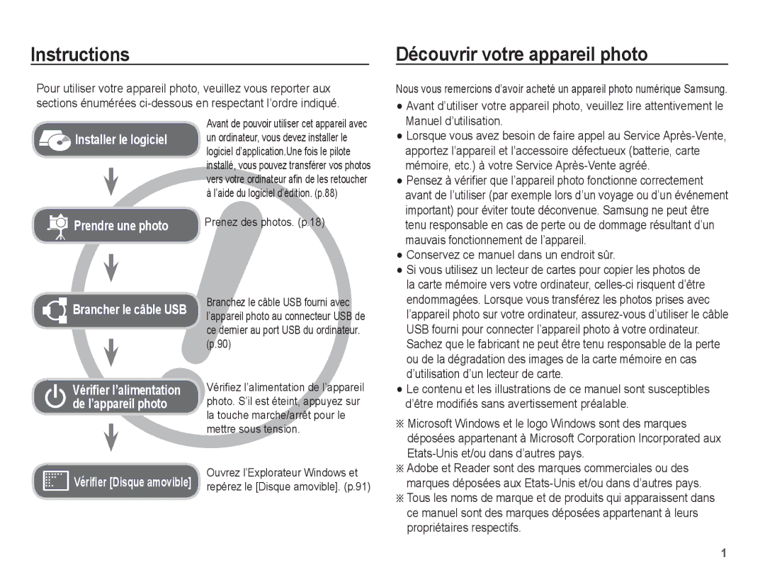 Samsung EC-ES20ZZBABFR, EC-ES20ZZBASFR manual Instructions, Découvrir votre appareil photo, Prenez des photos. p.18 