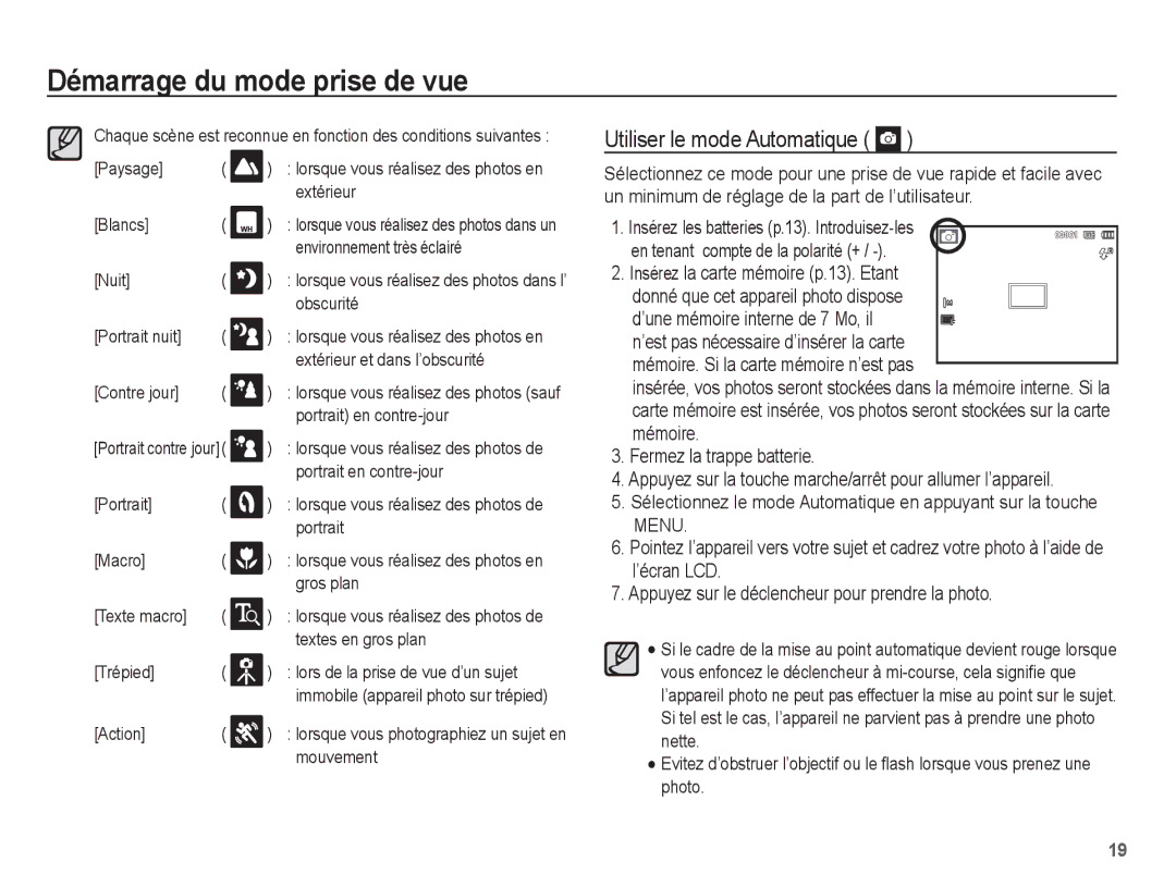 Samsung EC-ES20ZZBABFR, EC-ES20ZZBASFR, EC-ES20ZZBABE1 manual Utiliser le mode Automatique 