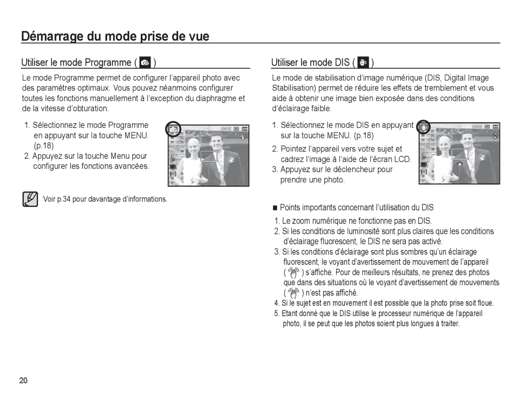 Samsung EC-ES20ZZBASFR manual Utiliser le mode Programme, Utiliser le mode DIS, Voir p.34 pour davantage d’informations 