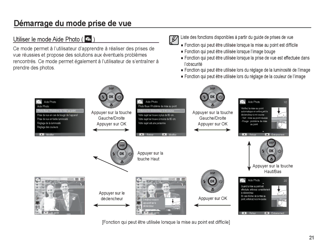 Samsung EC-ES20ZZBABE1 manual Utiliser le mode Aide Photo, Appuyer sur la touche Haut/Bas, Appuyer sur le Déclencheur 