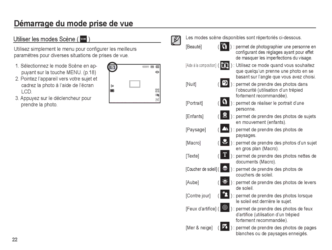 Samsung EC-ES20ZZBABFR, EC-ES20ZZBASFR, EC-ES20ZZBABE1 manual Utiliser les modes Scène 