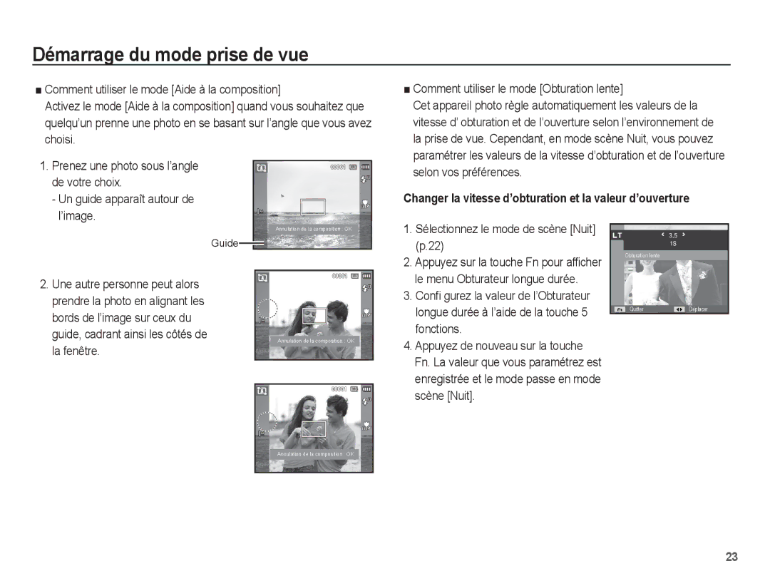 Samsung EC-ES20ZZBASFR manual Fonctions, Scène Nuit, Le menu Obturateur longue durée, Longue durée à l’aide de la touche 