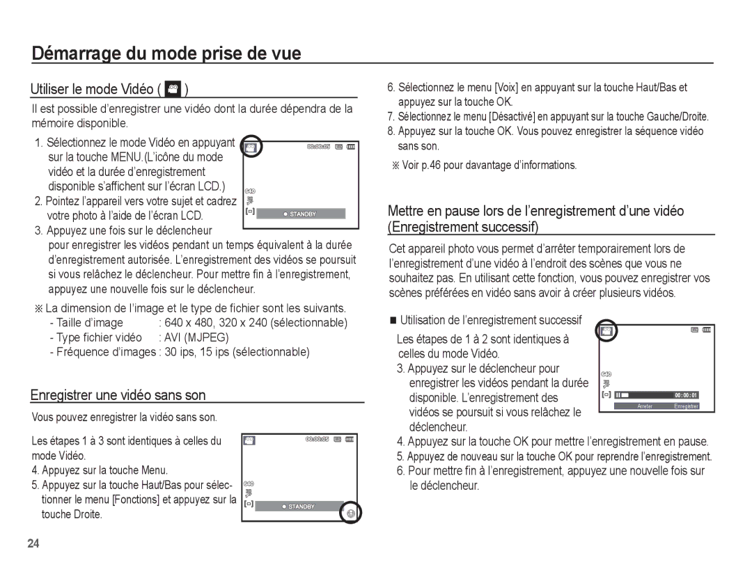 Samsung EC-ES20ZZBABE1, EC-ES20ZZBASFR, EC-ES20ZZBABFR manual Utiliser le mode Vidéo, Enregistrer une vidéo sans son 