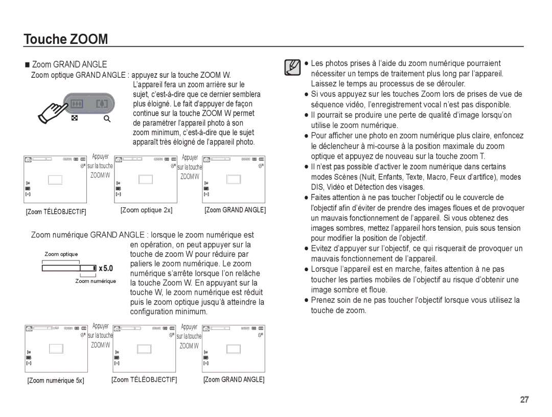 Samsung EC-ES20ZZBABE1, EC-ES20ZZBASFR, EC-ES20ZZBABFR manual Zoom Grand Angle, Conﬁguration minimum 