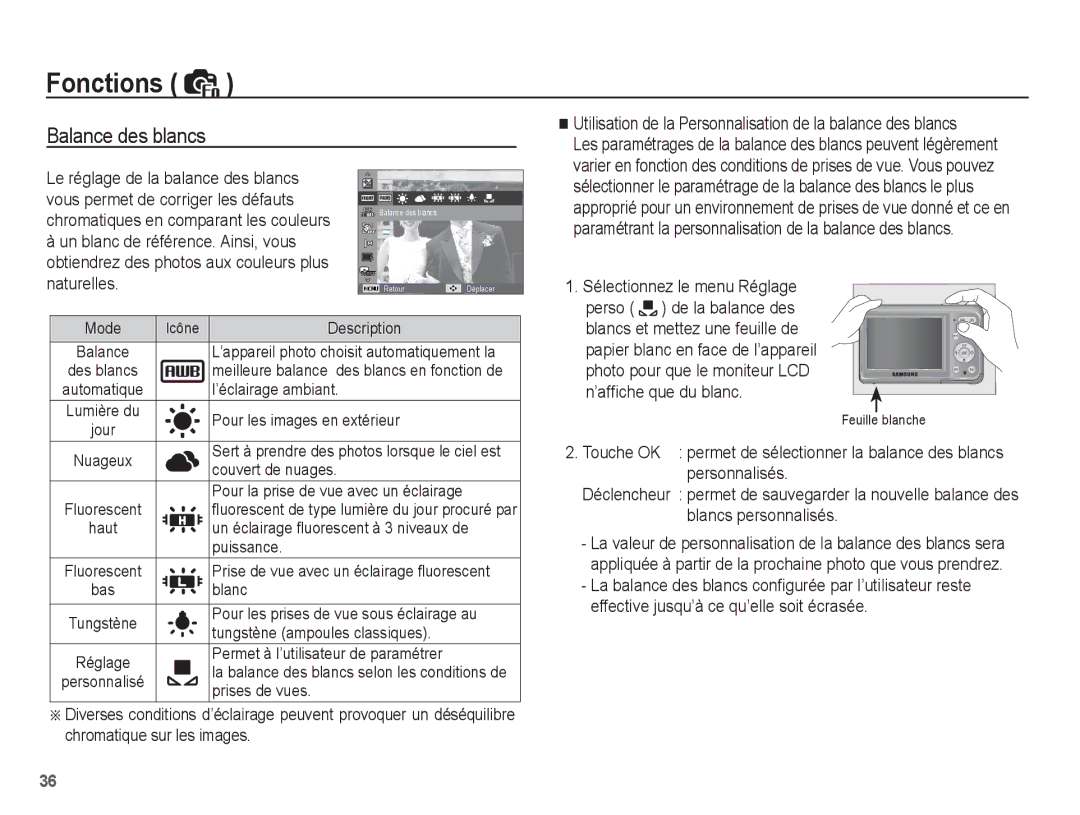 Samsung EC-ES20ZZBABE1, EC-ES20ZZBASFR Balance des blancs, Utilisation de la Personnalisation de la balance des blancs 