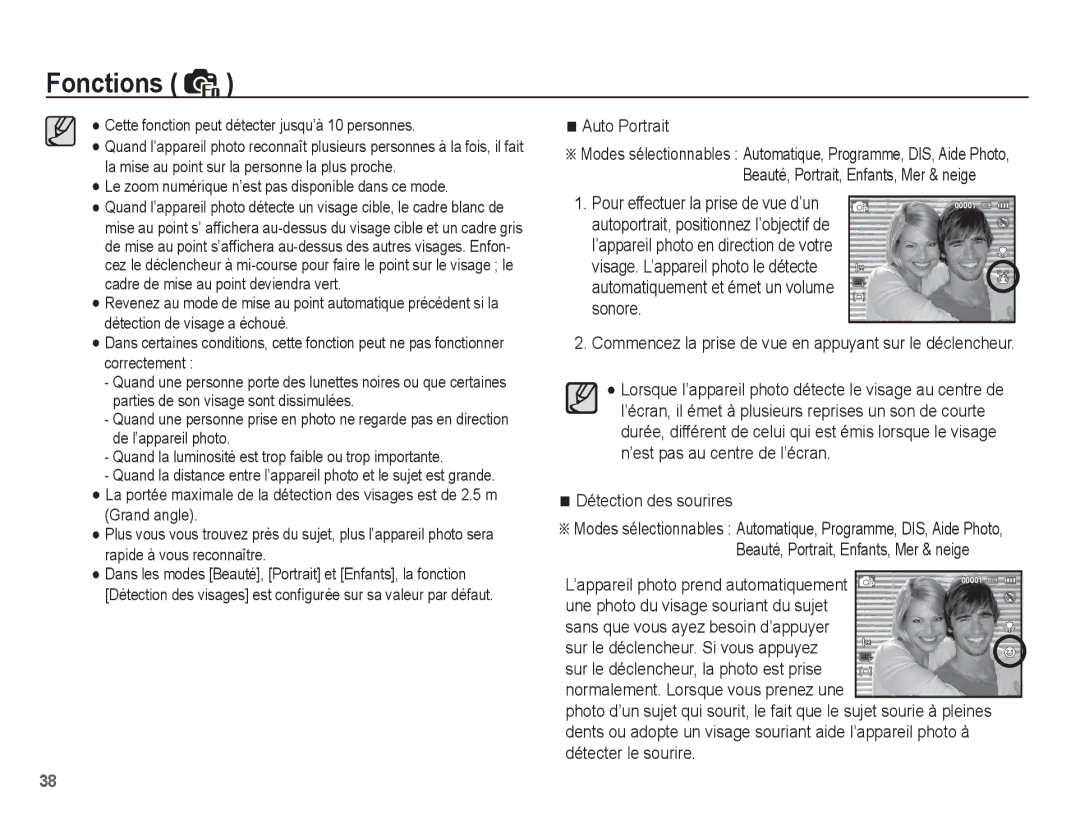 Samsung EC-ES20ZZBASFR manual Auto Portrait, Détection des sourires, Cette fonction peut détecter jusqu’à 10 personnes 