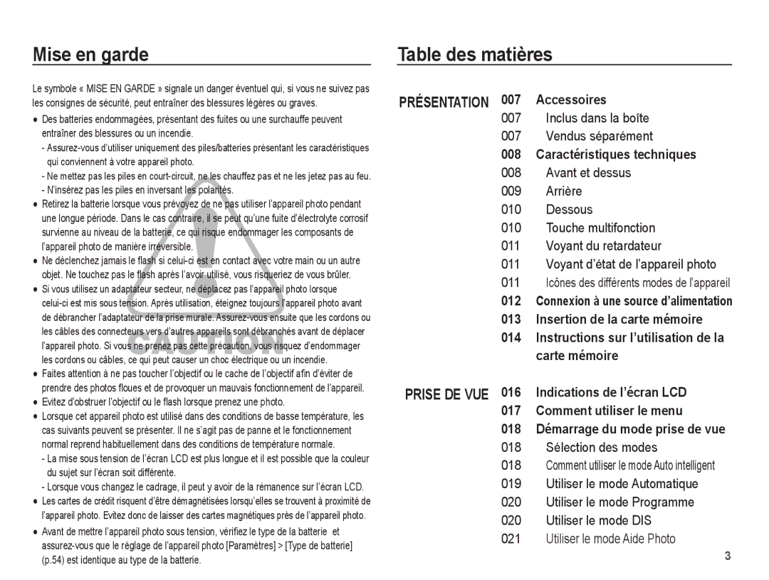 Samsung EC-ES20ZZBABE1, EC-ES20ZZBASFR Mise en garde Table des matières, ’insérez pas les piles en inversant les polarités 