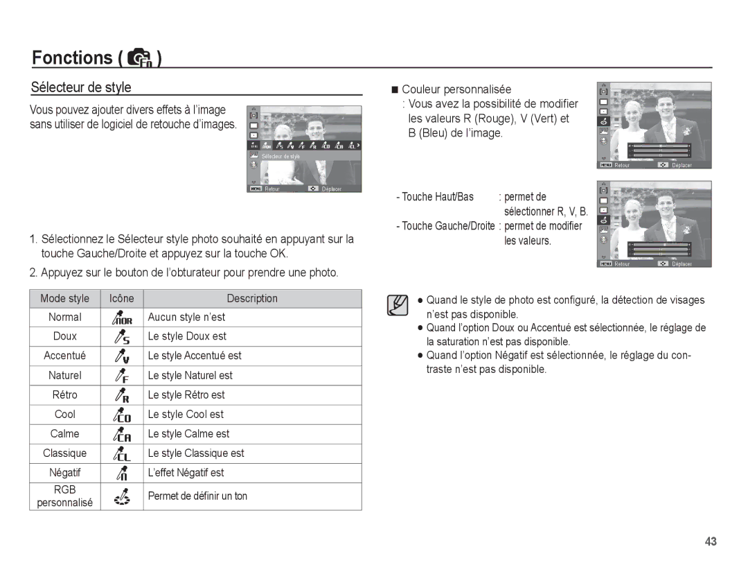 Samsung EC-ES20ZZBABFR, EC-ES20ZZBASFR Sélecteur de style, Permet de, Touche Gauche/Droite permet de modiﬁer Les valeurs 