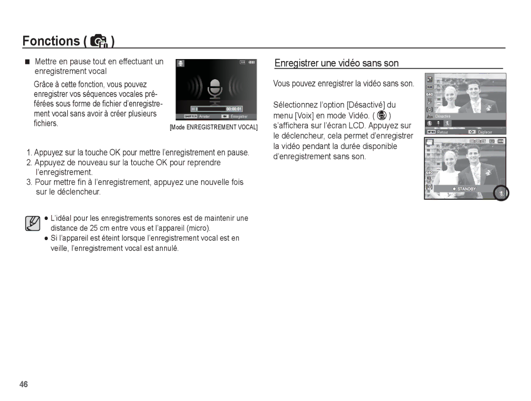 Samsung EC-ES20ZZBABFR manual ’enregistrement sans son, Mettre en pause tout en effectuant un enregistrement vocal 