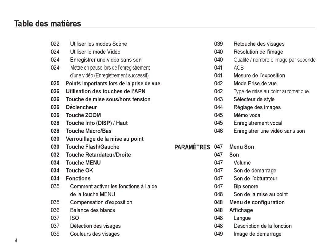 Samsung EC-ES20ZZBABFR, EC-ES20ZZBASFR, EC-ES20ZZBABE1 manual 022, 024, Type de mise au point automatique, 035, 036, 037, 039 