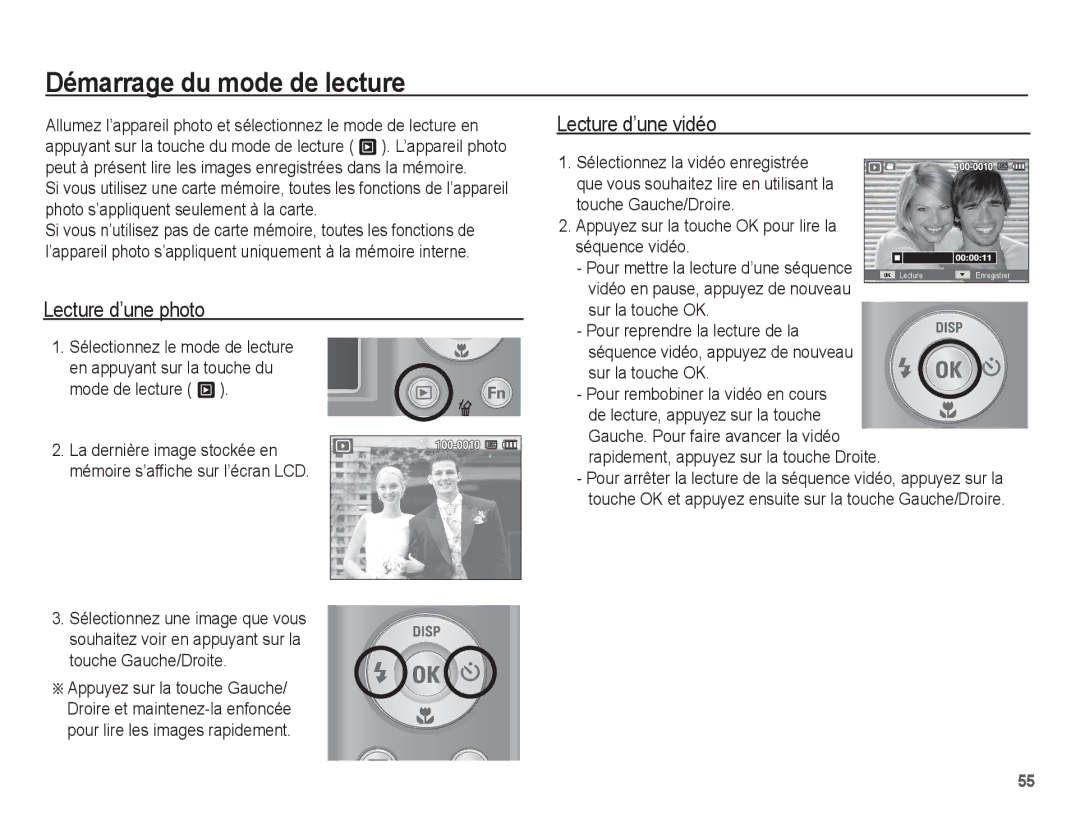 Samsung EC-ES20ZZBABFR, EC-ES20ZZBASFR manual Démarrage du mode de lecture, Lecture d’une photo, Lecture d’une vidéo 