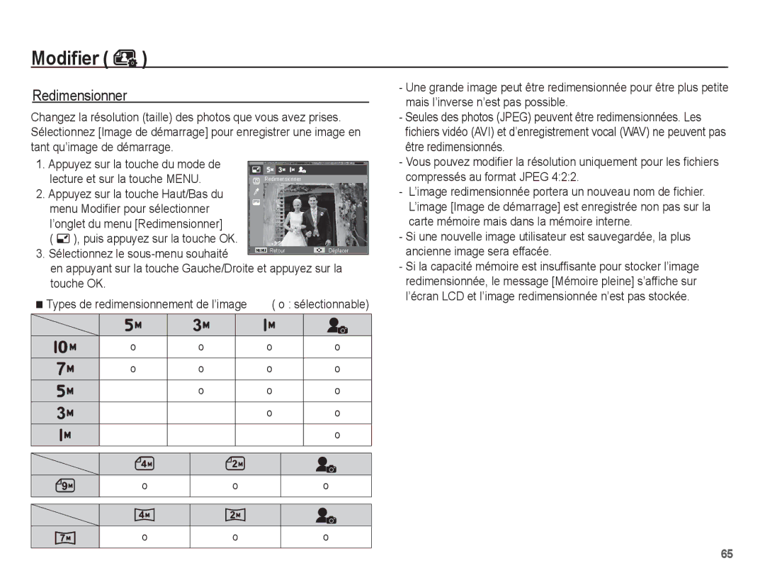 Samsung EC-ES20ZZBASFR, EC-ES20ZZBABE1 Redimensionner, Lecture et sur la touche Menu, Menu Modifier pour sélectionner 