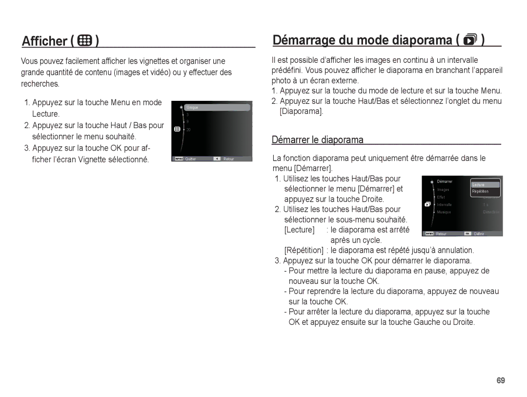 Samsung EC-ES20ZZBABE1, EC-ES20ZZBASFR, EC-ES20ZZBABFR manual Afﬁcher, Démarrage du mode diaporama , Démarrer le diaporama 