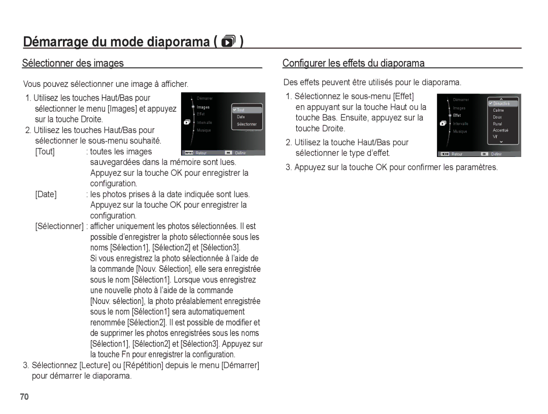 Samsung EC-ES20ZZBABFR, EC-ES20ZZBASFR, EC-ES20ZZBABE1 manual Sélectionner des images, Configurer les effets du diaporama 