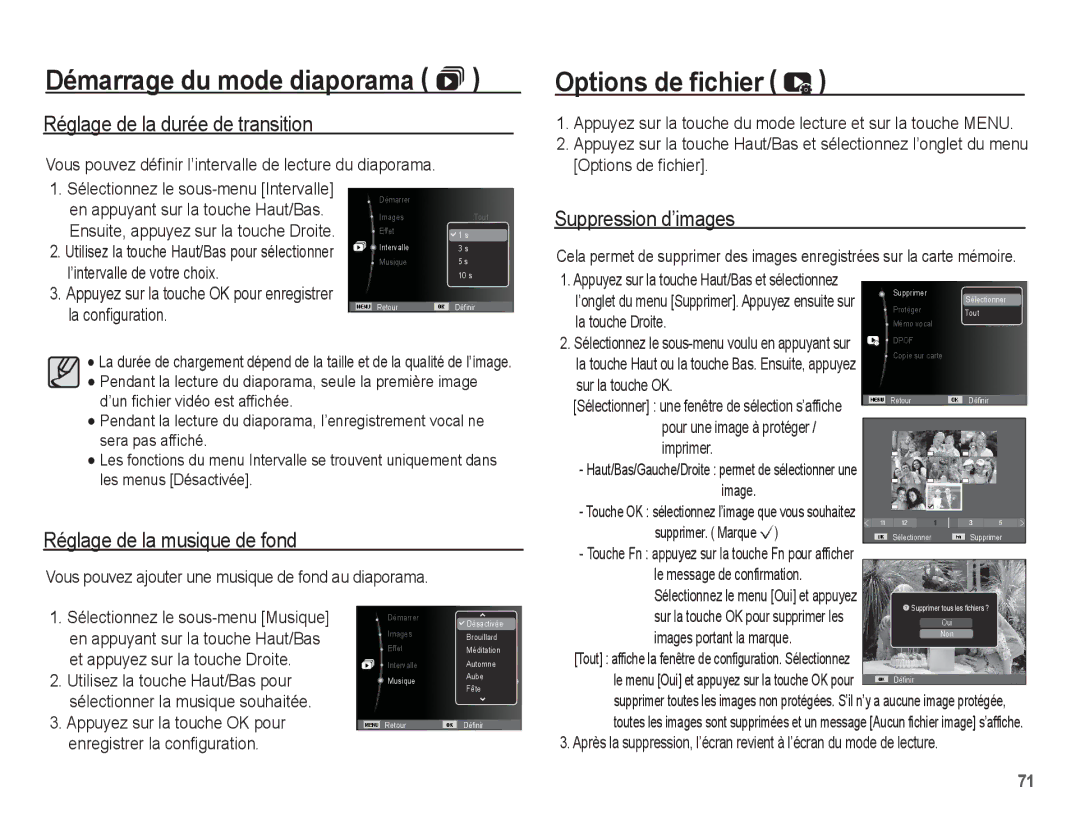 Samsung EC-ES20ZZBASFR, EC-ES20ZZBABE1 manual Options de fichier, Réglage de la durée de transition, Suppression d’images 