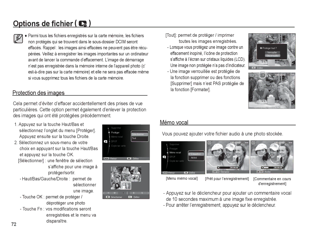 Samsung EC-ES20ZZBABE1 Protection des images, Mémo vocal, Vous pouvez ajouter votre fichier audio à une photo stockée 