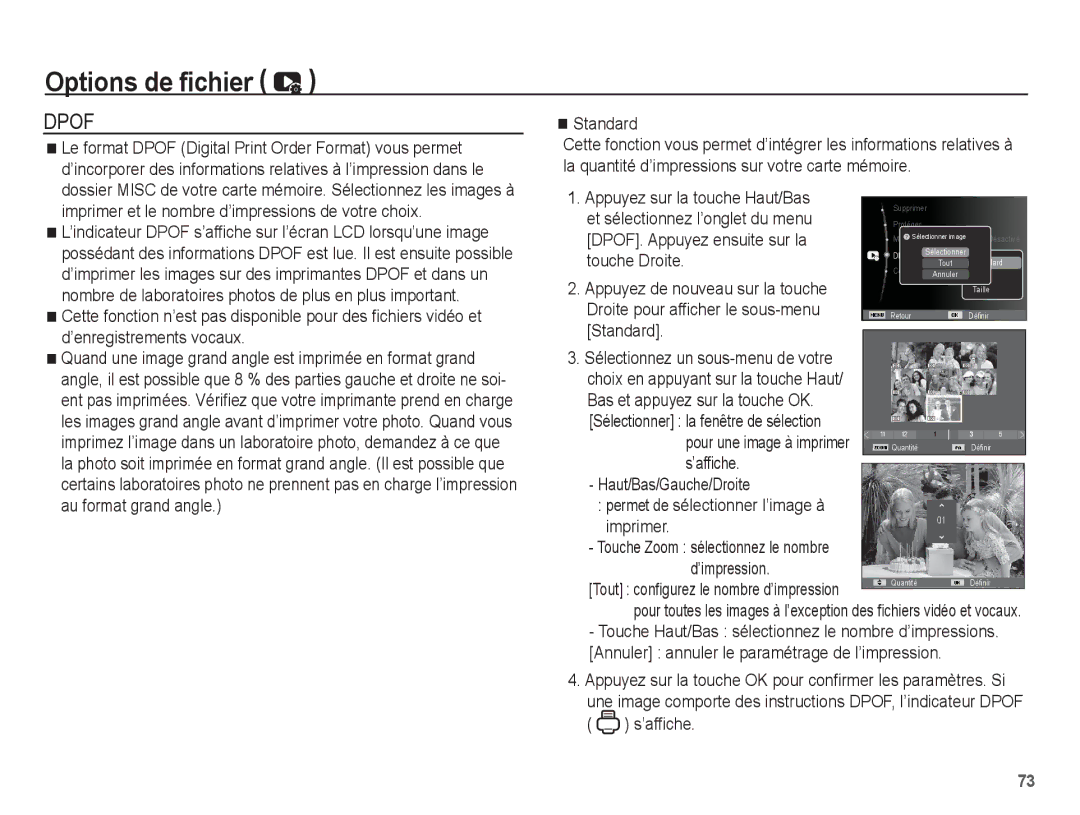 Samsung EC-ES20ZZBABFR Standard, Appuyez sur la touche Haut/Bas, Et sélectionnez l’onglet du menu, Touche Droite, Imprimer 